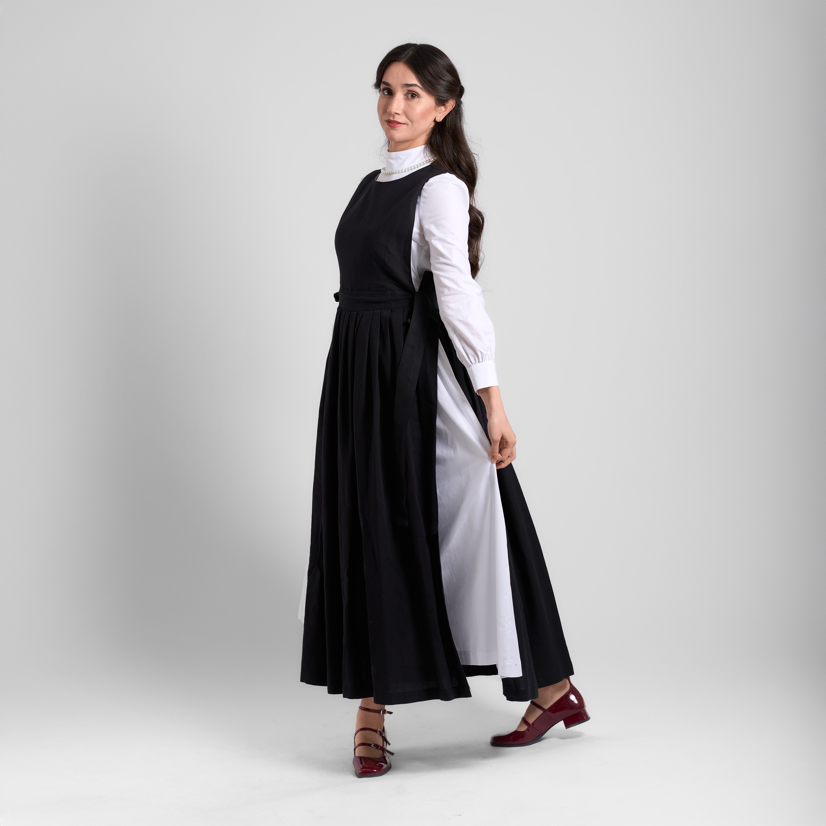 Pinafore Keten Elbise  - Siyah