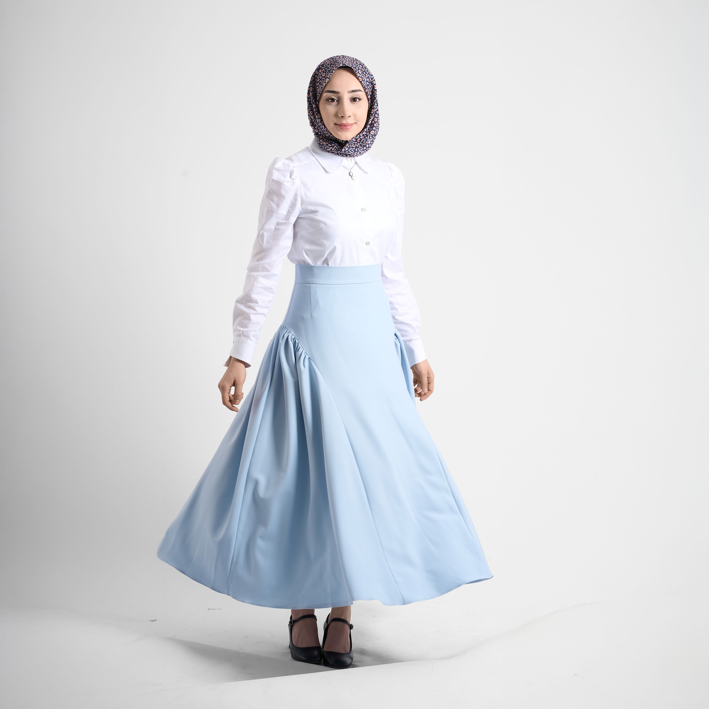 Asimetrik Volanlı Hafif Gabardin Etek - Bebe Mavisi