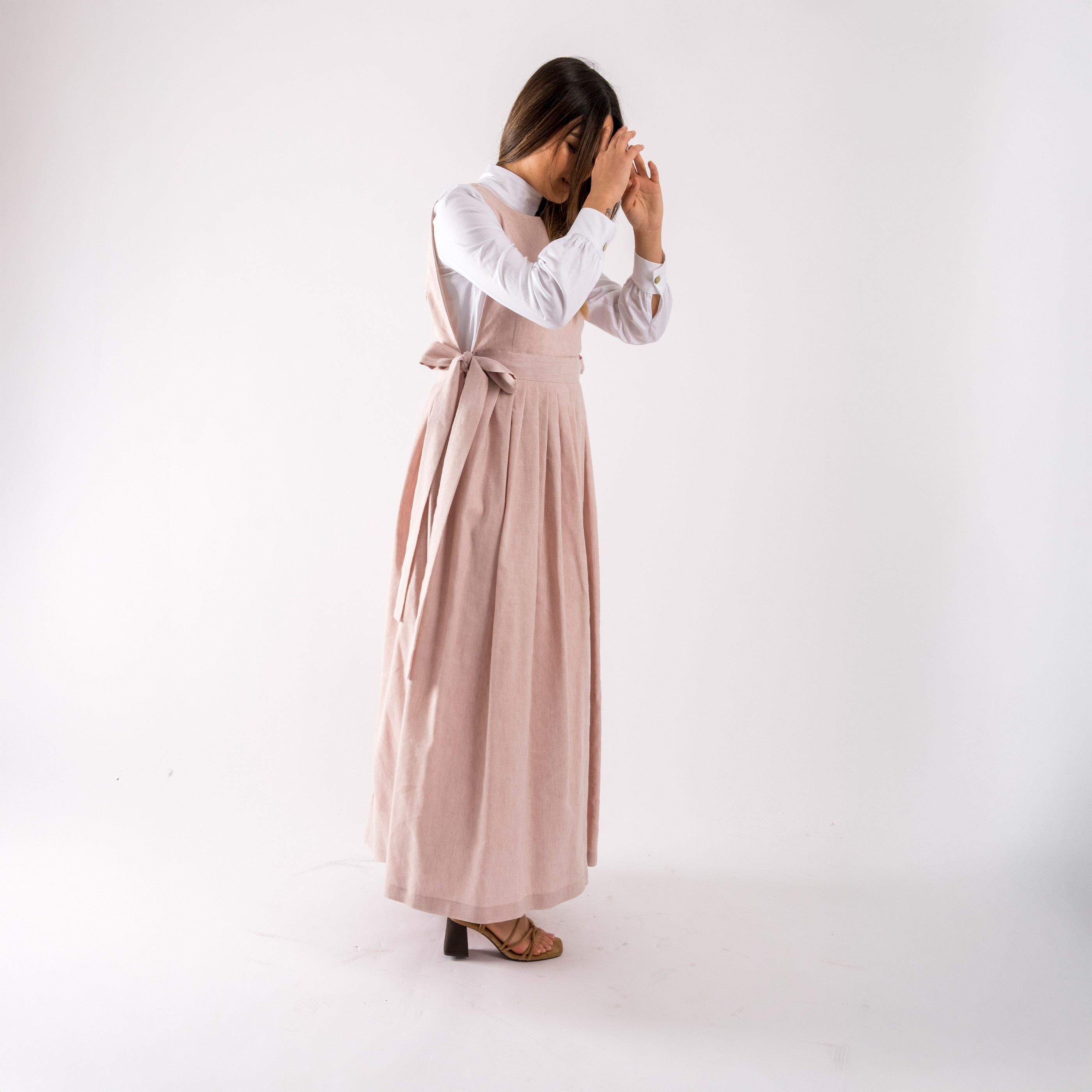 Pinafore Keten Elbise  - Pudra