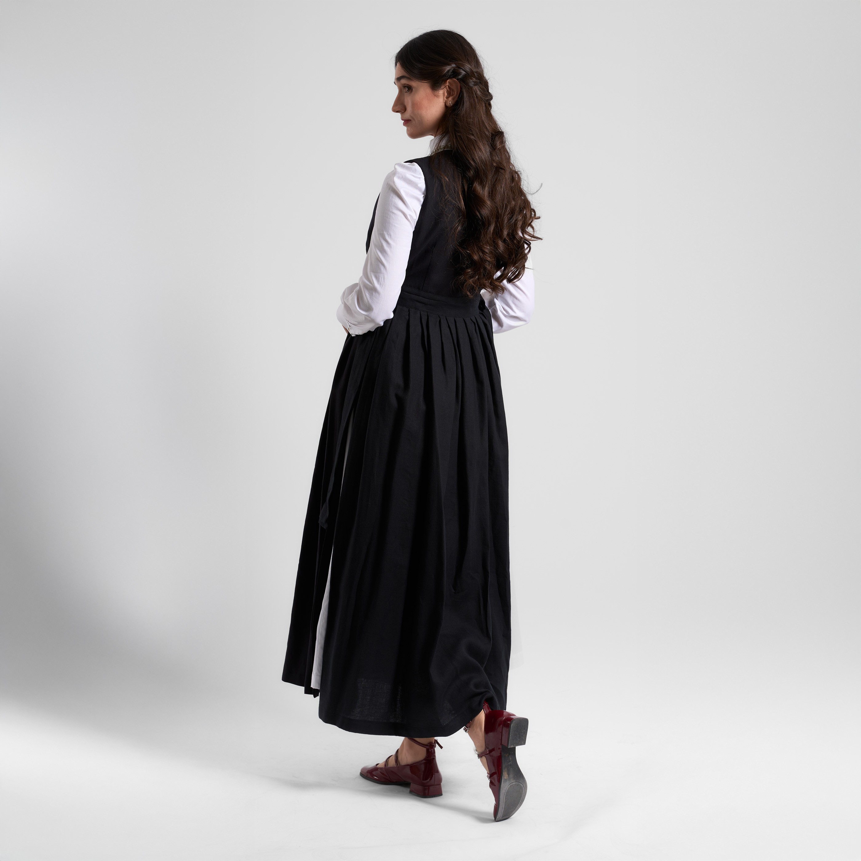 Pinafore Keten Elbise  - Siyah
