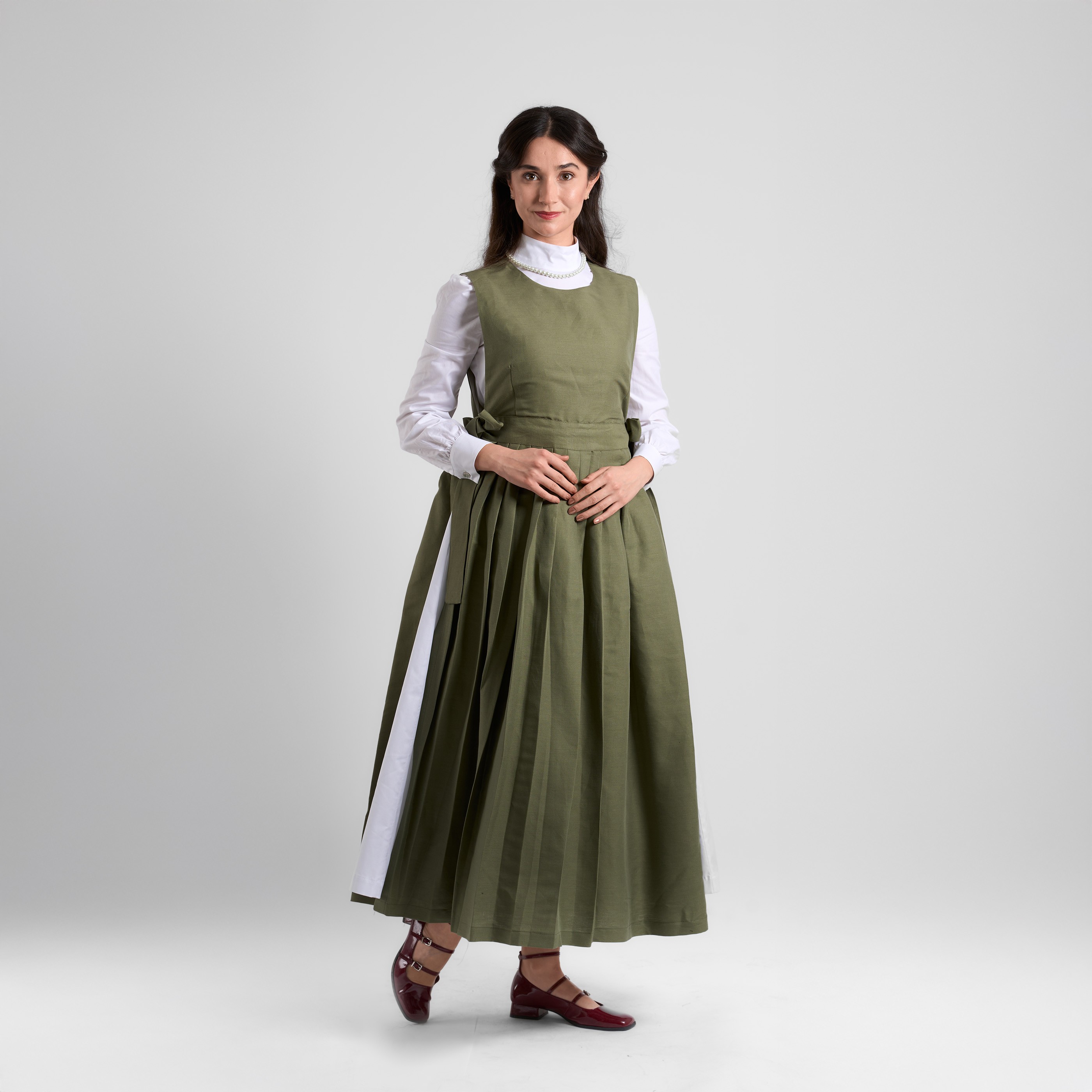 Pinafore Keten Elbise  - Haki