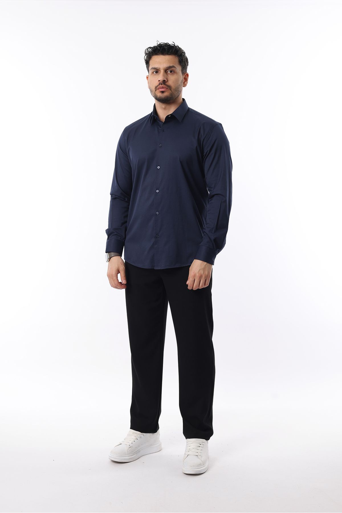 Extra likralı Modern Slim Fit Saten kumaş Uzun Kol Erkek Gömlek - lacivert