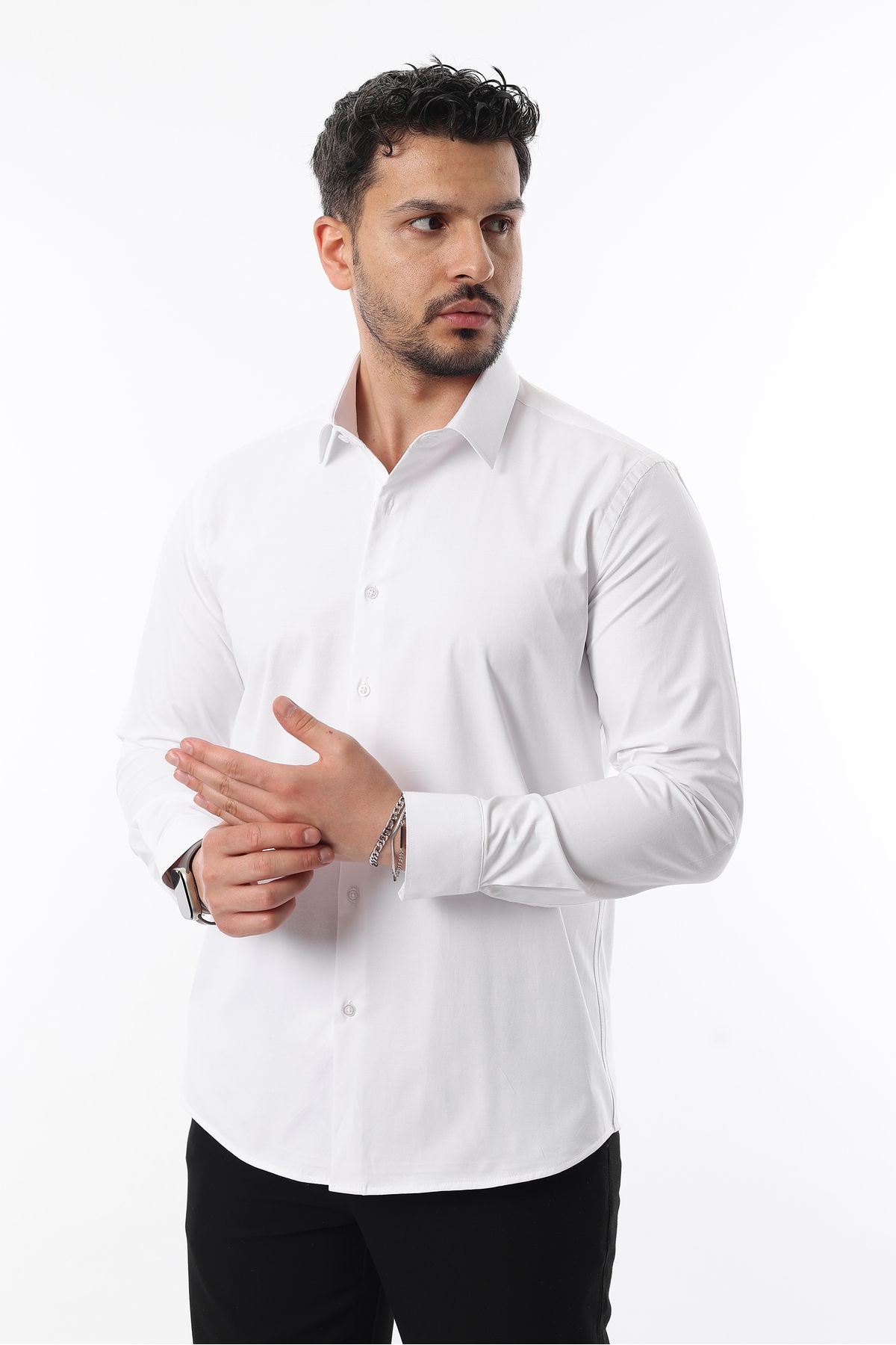 Extra likralı Modern Slim Fit Saten kumaş Uzun Kol Erkek Gömlek - beyaz