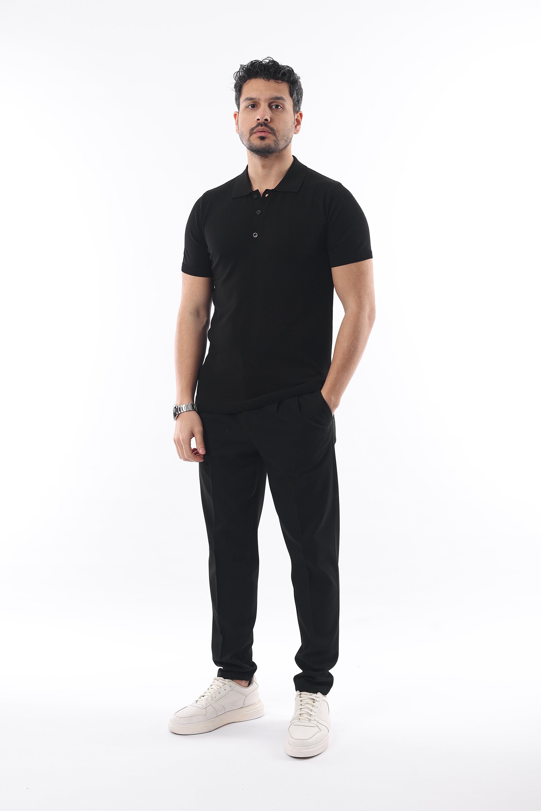 İDS Polo Yaka Triko Örme T-shirt - si̇yah