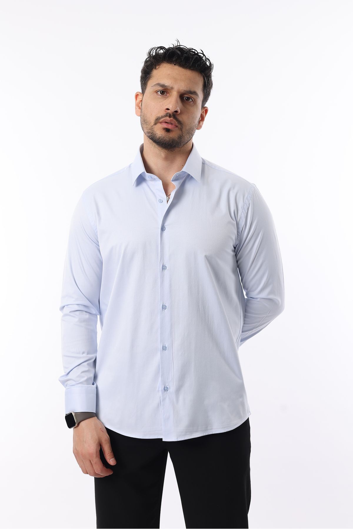 Extra likralı Modern Slim Fit Saten kumaş Uzun Kol Erkek Gömlek - mavi