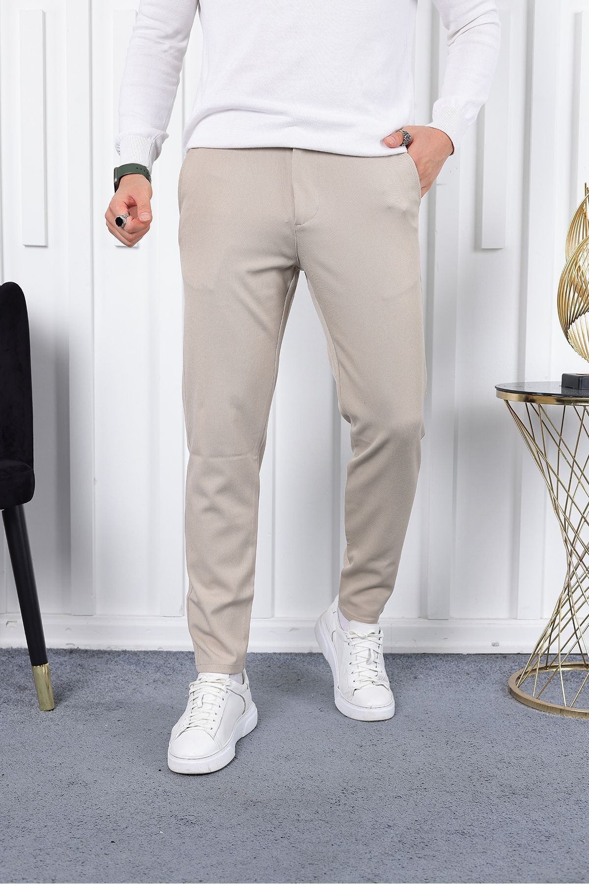 Kışlık  Slim Fit Likralı Kumaş Pantolon - bej