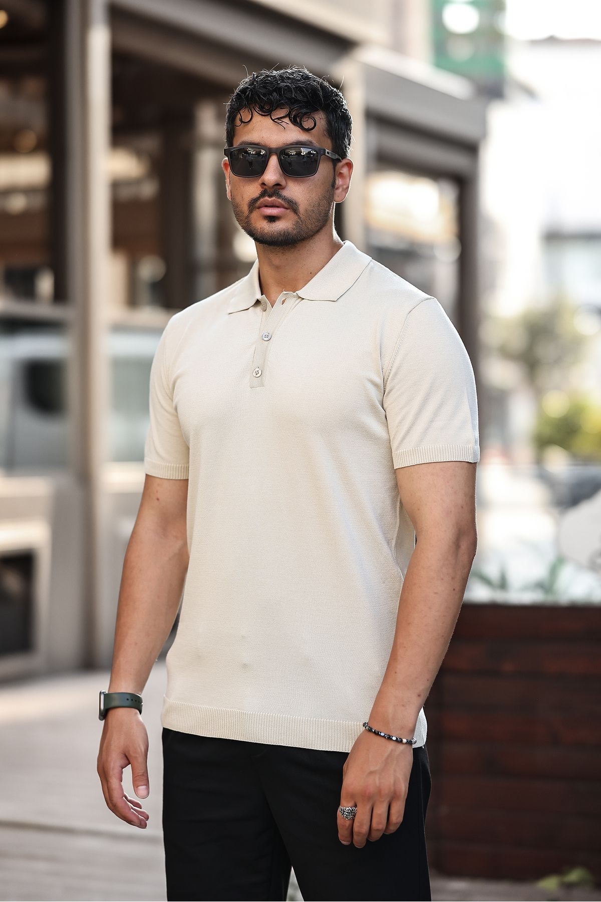 ERKEK VİSKOZ KARIŞIMLI TRİKO POLO T-SHIRT 3 DÜĞMELİ ESNEK VE NEFES ALAN KALİTELİ - bej