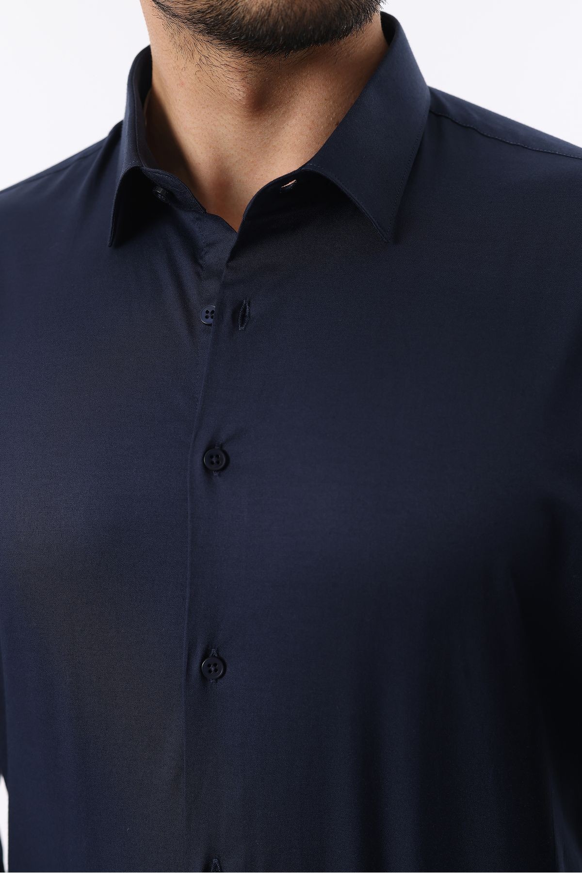 Extra likralı Modern Slim Fit Saten kumaş Uzun Kol Erkek Gömlek - lacivert