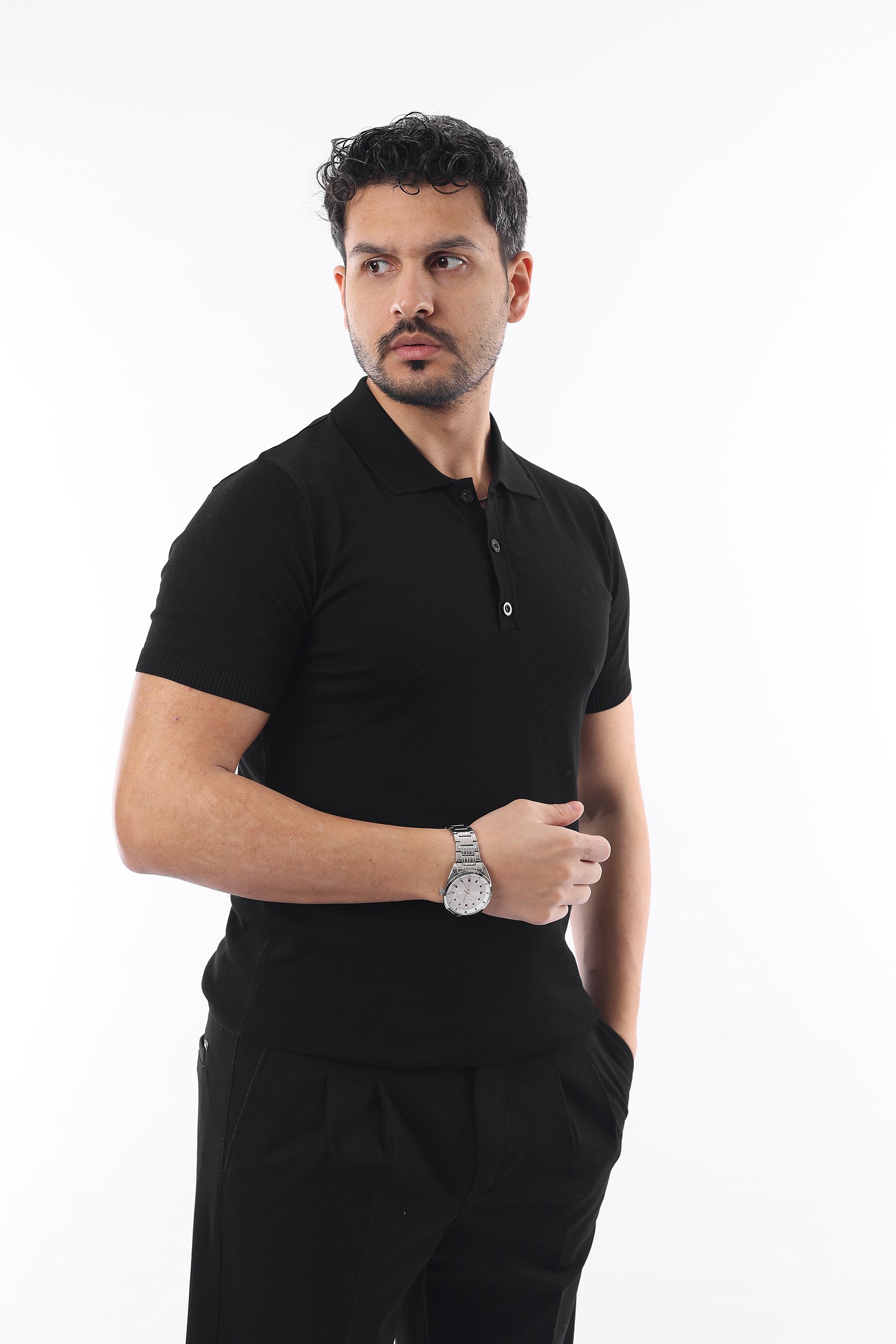İDS Polo Yaka Triko Örme T-shirt - si̇yah