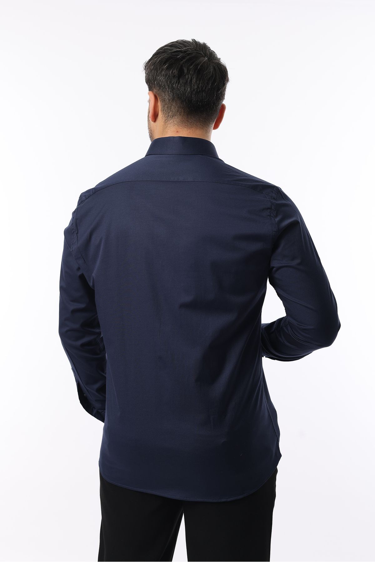 Extra likralı Modern Slim Fit Saten kumaş Uzun Kol Erkek Gömlek - lacivert