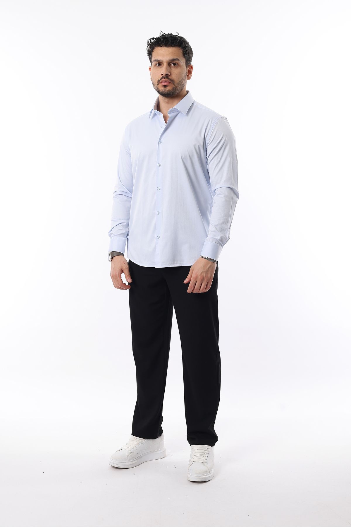 Extra likralı Modern Slim Fit Saten kumaş Uzun Kol Erkek Gömlek - mavi