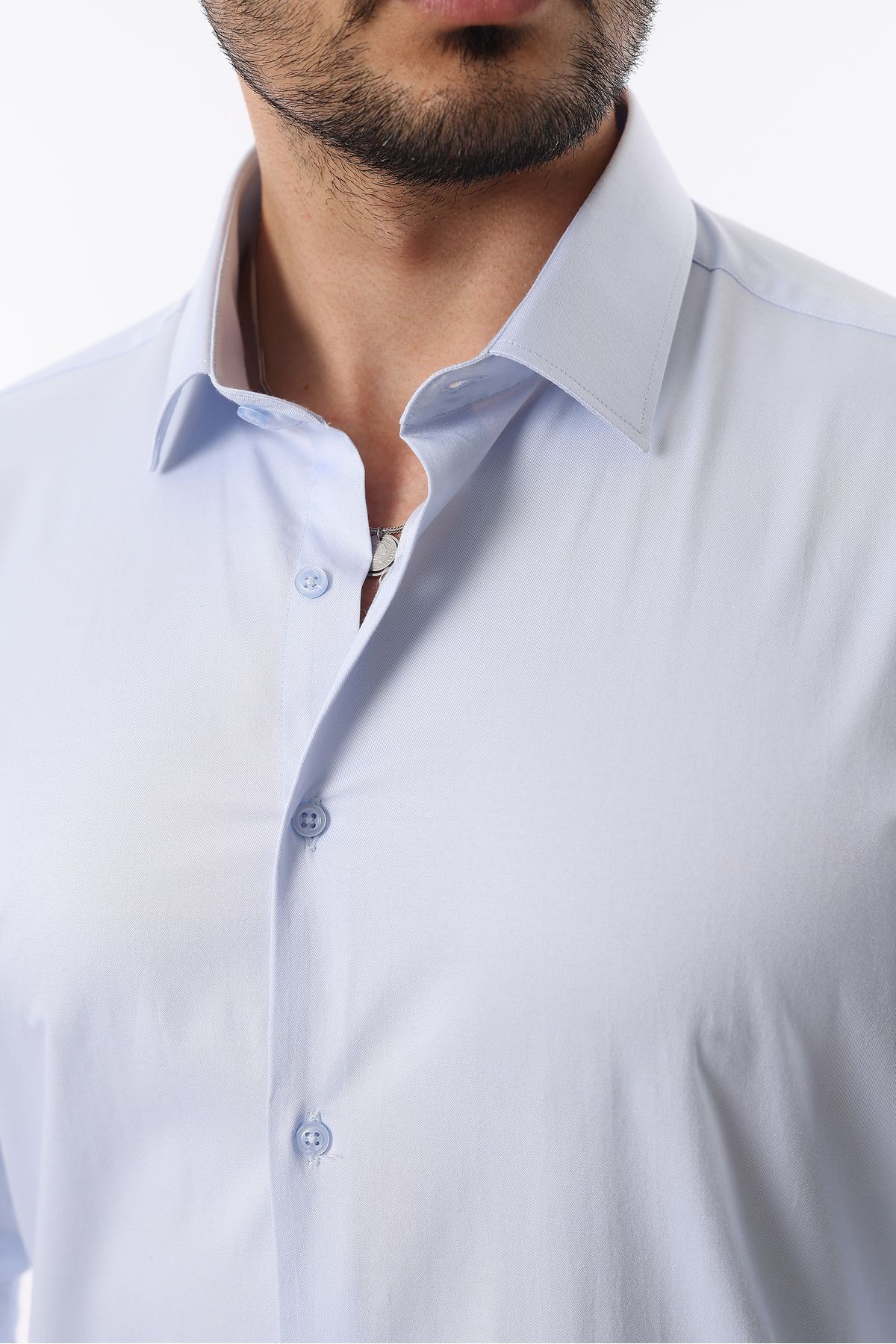 Extra likralı Modern Slim Fit Saten kumaş Uzun Kol Erkek Gömlek - mavi