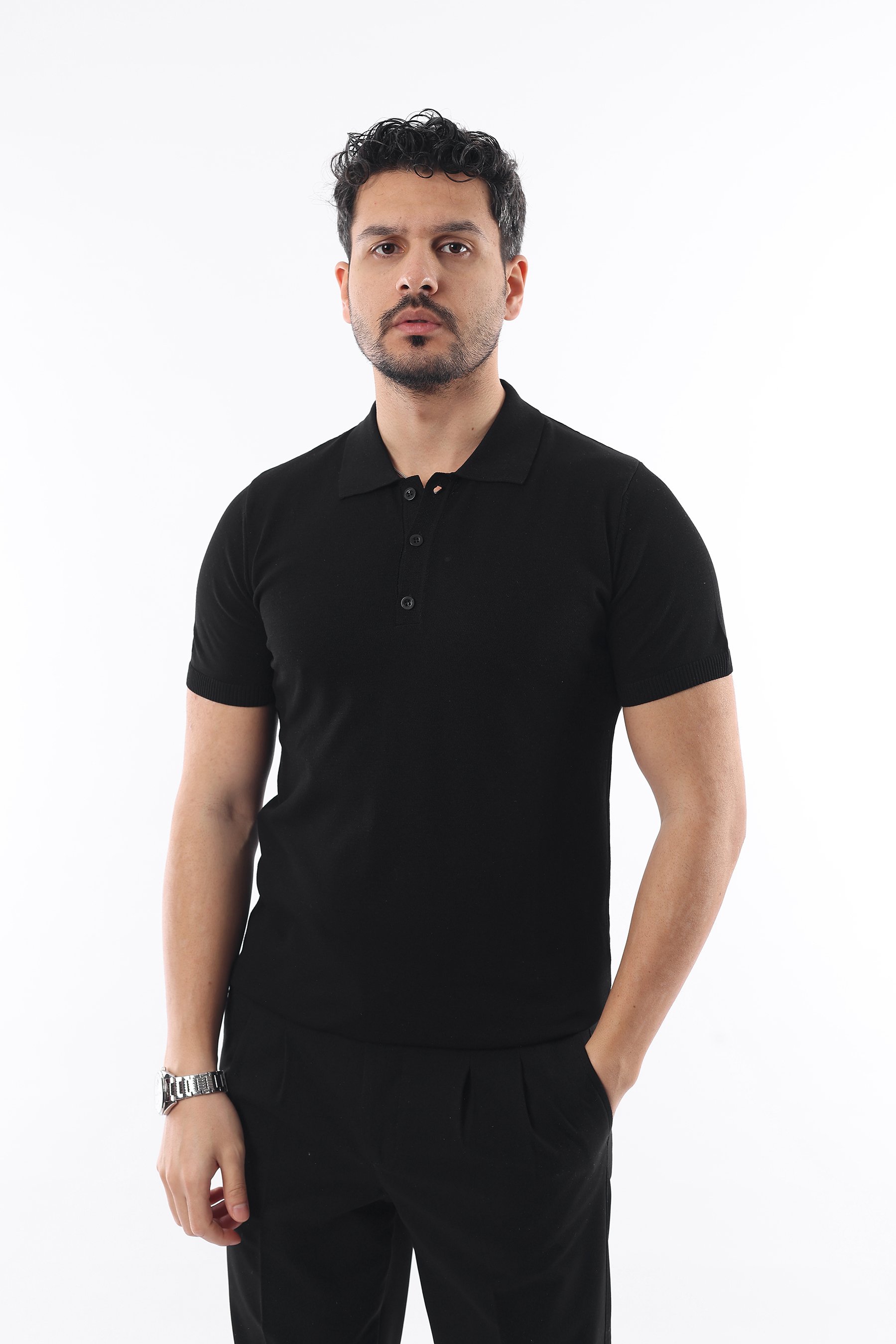 İDS Polo Yaka Triko Örme T-shirt - si̇yah