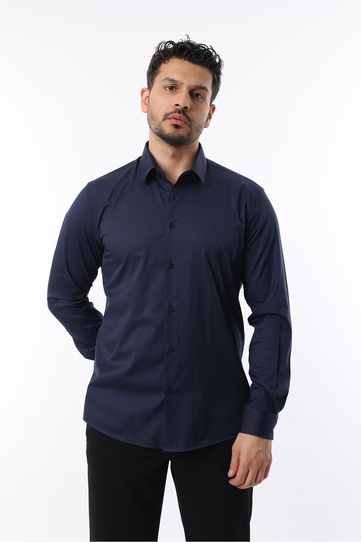 Extra likralı Modern Slim Fit Saten kumaş Uzun Kol Erkek Gömlek - lacivert