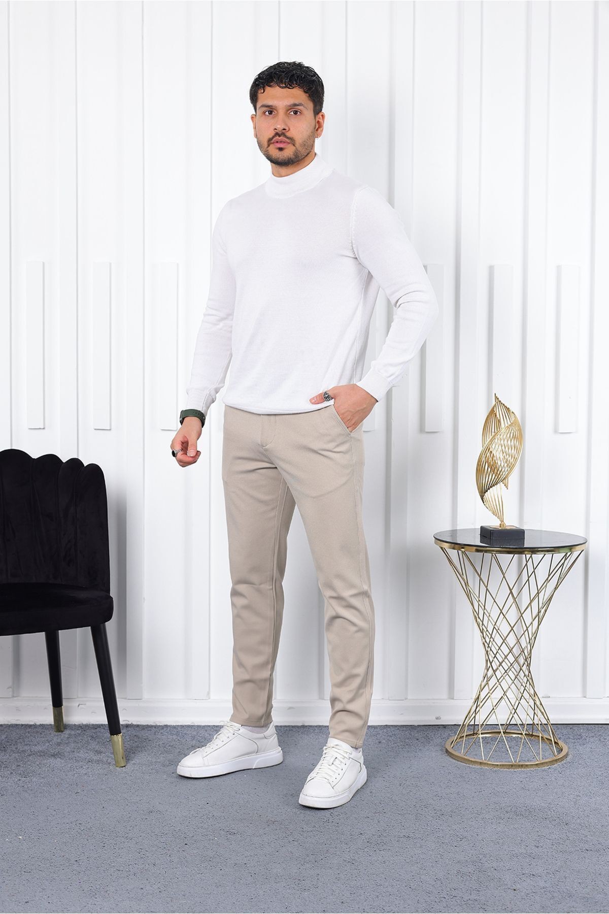 Kışlık  Slim Fit Likralı Kumaş Pantolon - bej