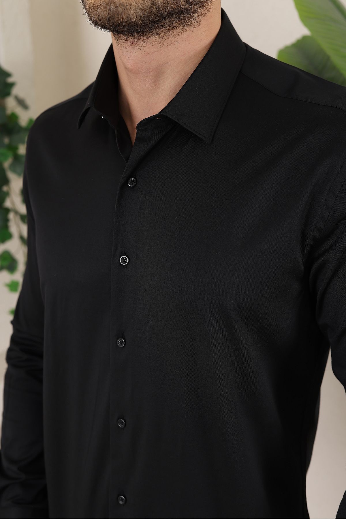 Extra likralı Modern Slim Fit Saten kumaş Uzun Kol Erkek Gömlek - siyah