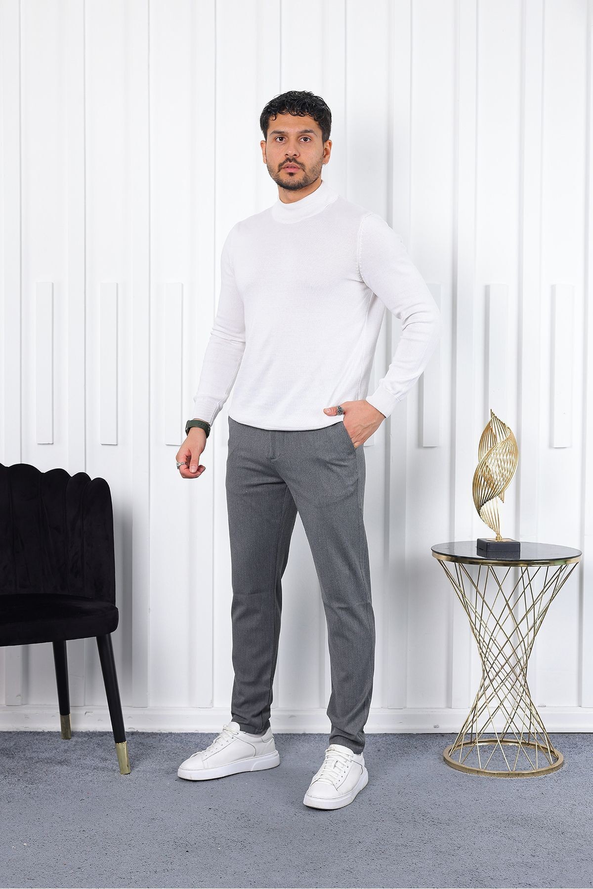 Kışlık  Slim Fit Likralı Kumaş Pantolon - gri