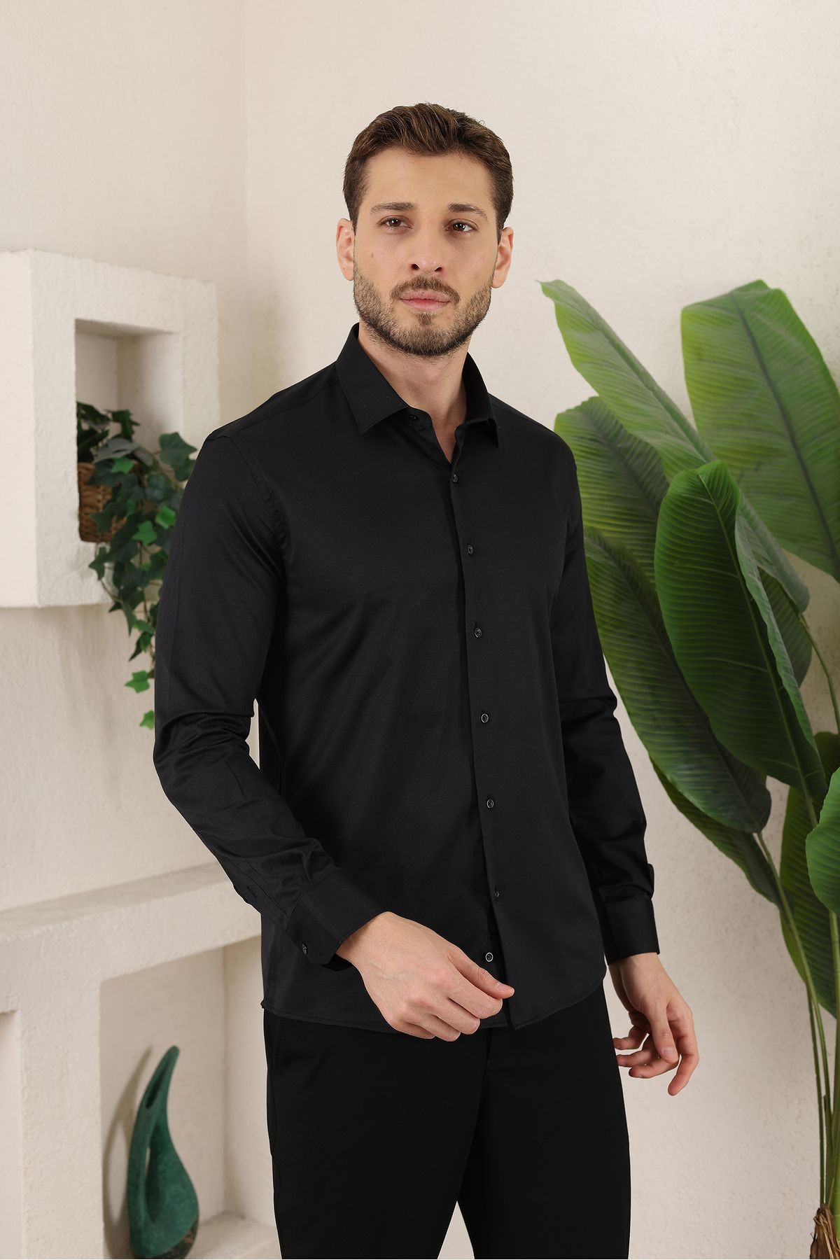 Extra likralı Modern Slim Fit Saten kumaş Uzun Kol Erkek Gömlek - siyah