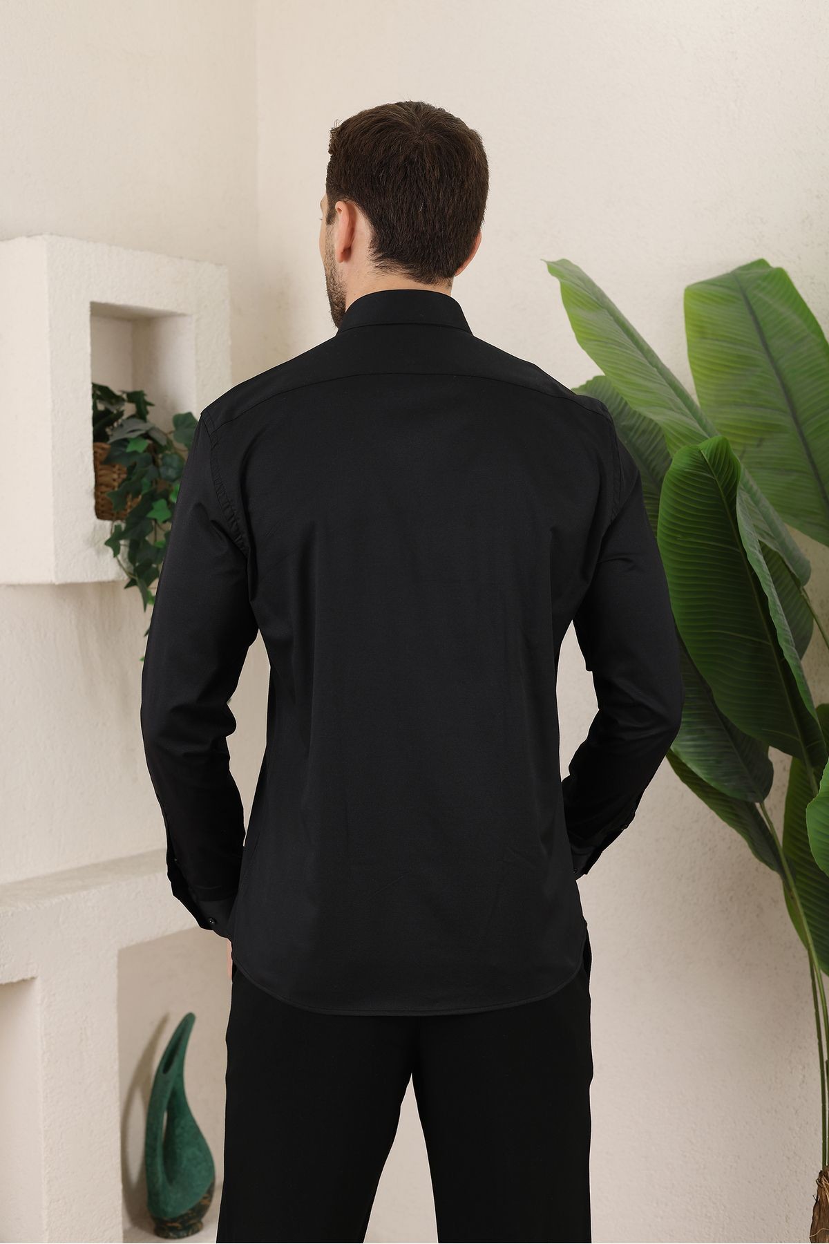 Extra likralı Modern Slim Fit Saten kumaş Uzun Kol Erkek Gömlek - siyah