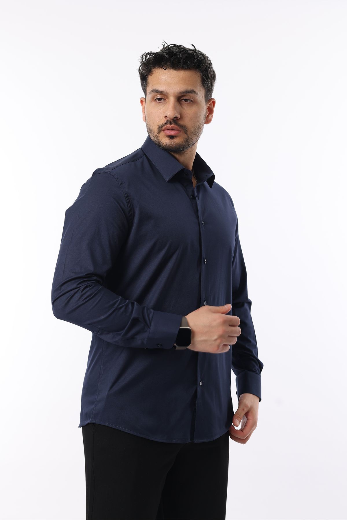 Extra likralı Modern Slim Fit Saten kumaş Uzun Kol Erkek Gömlek - lacivert