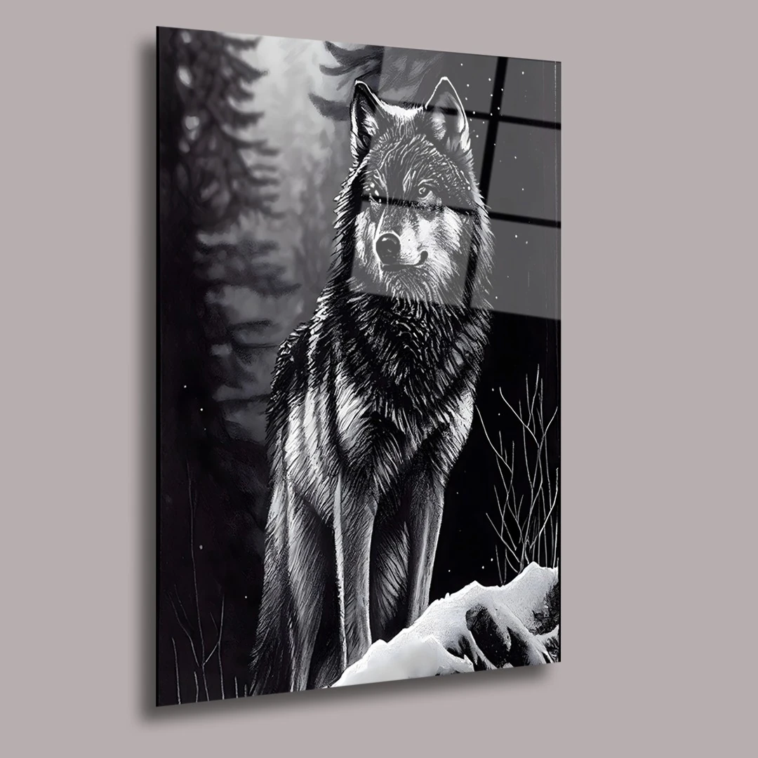 Siyah Beyaz Kurt Hayvanlar Alemi Cam Tablo #PCT0692