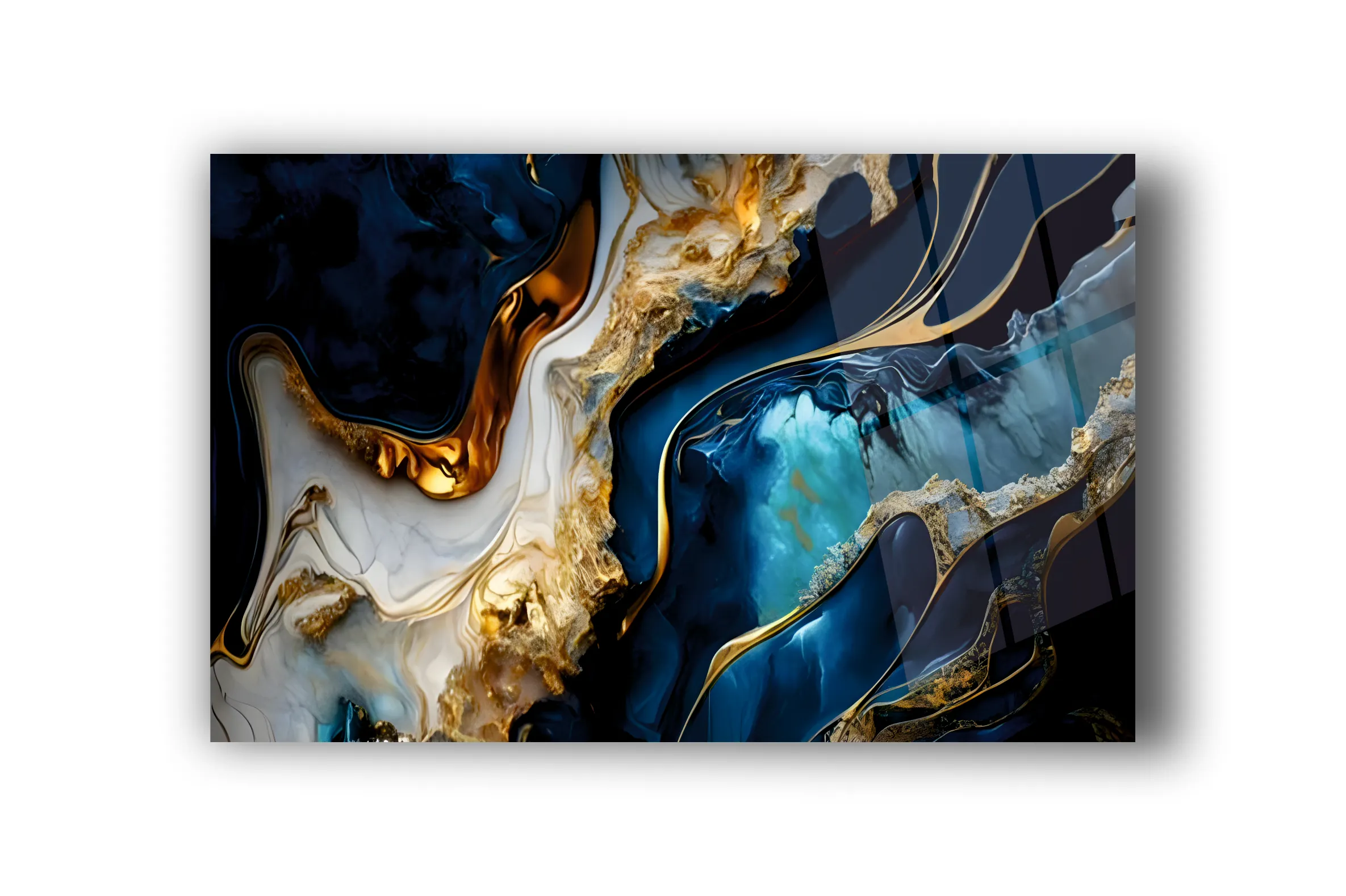 Premium Mavi ve Altın Vurgulu Cam Tablo #PCT2003