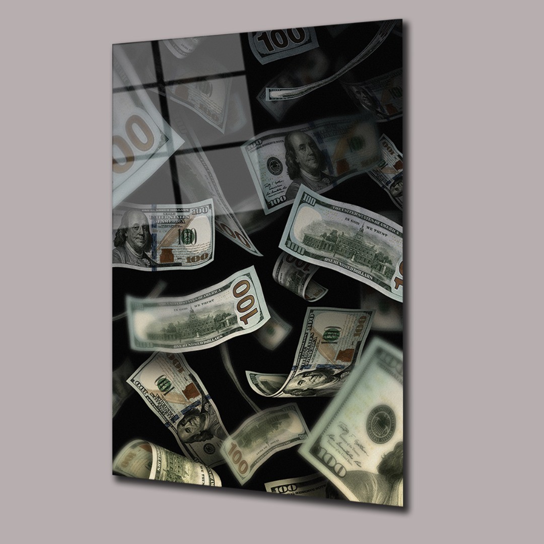 Siyah Zemin Üzerinde Uçuşan Dolarlar Dolar Cam Tablo #PCT0796
