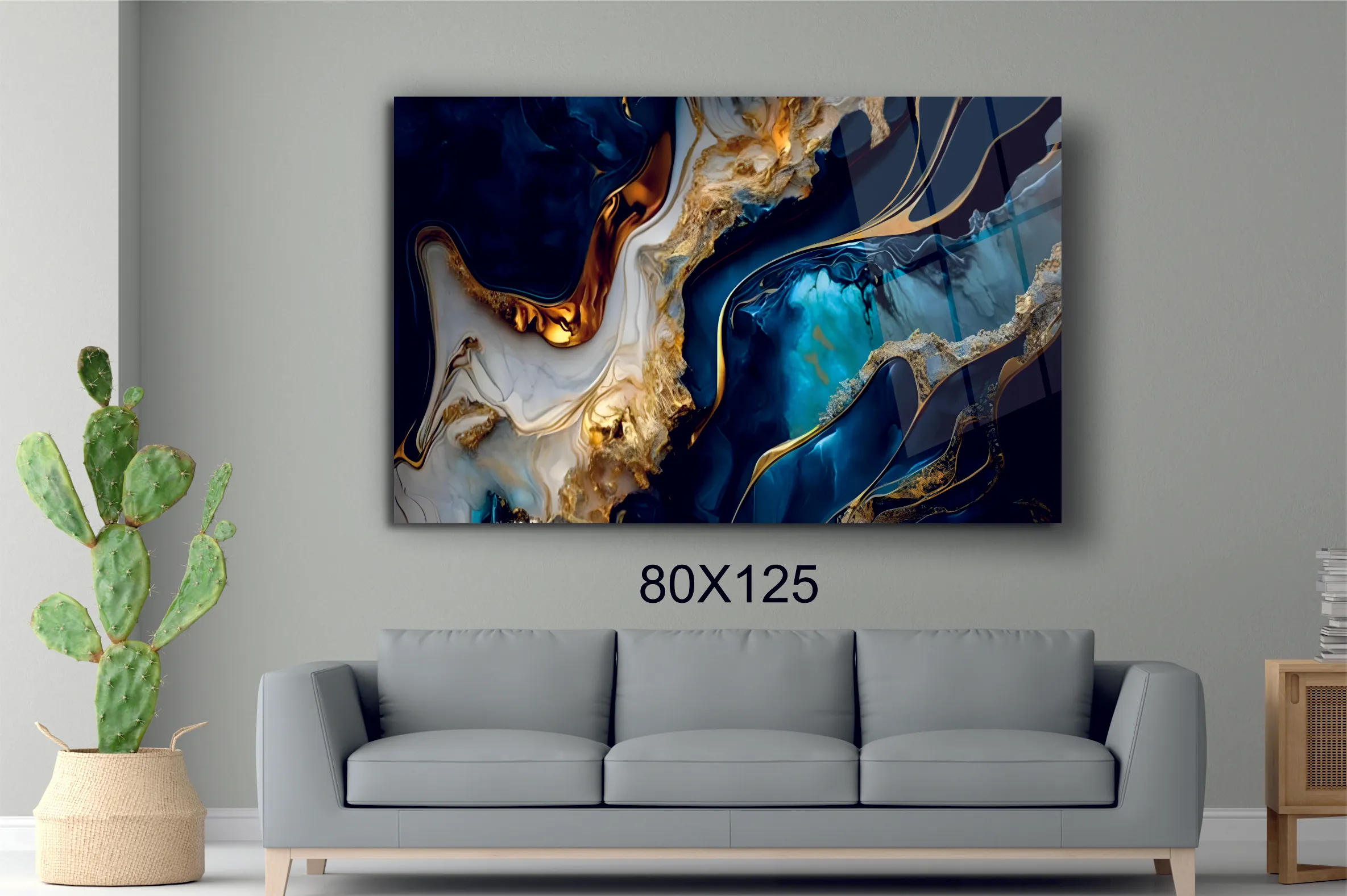 Premium Mavi ve Altın Vurgulu Cam Tablo #PCT2003