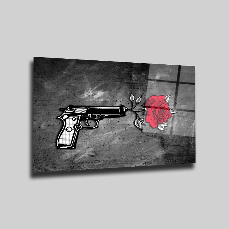 Silah Ve Gül İllüstrasyon Cam Tablo #PCT0389