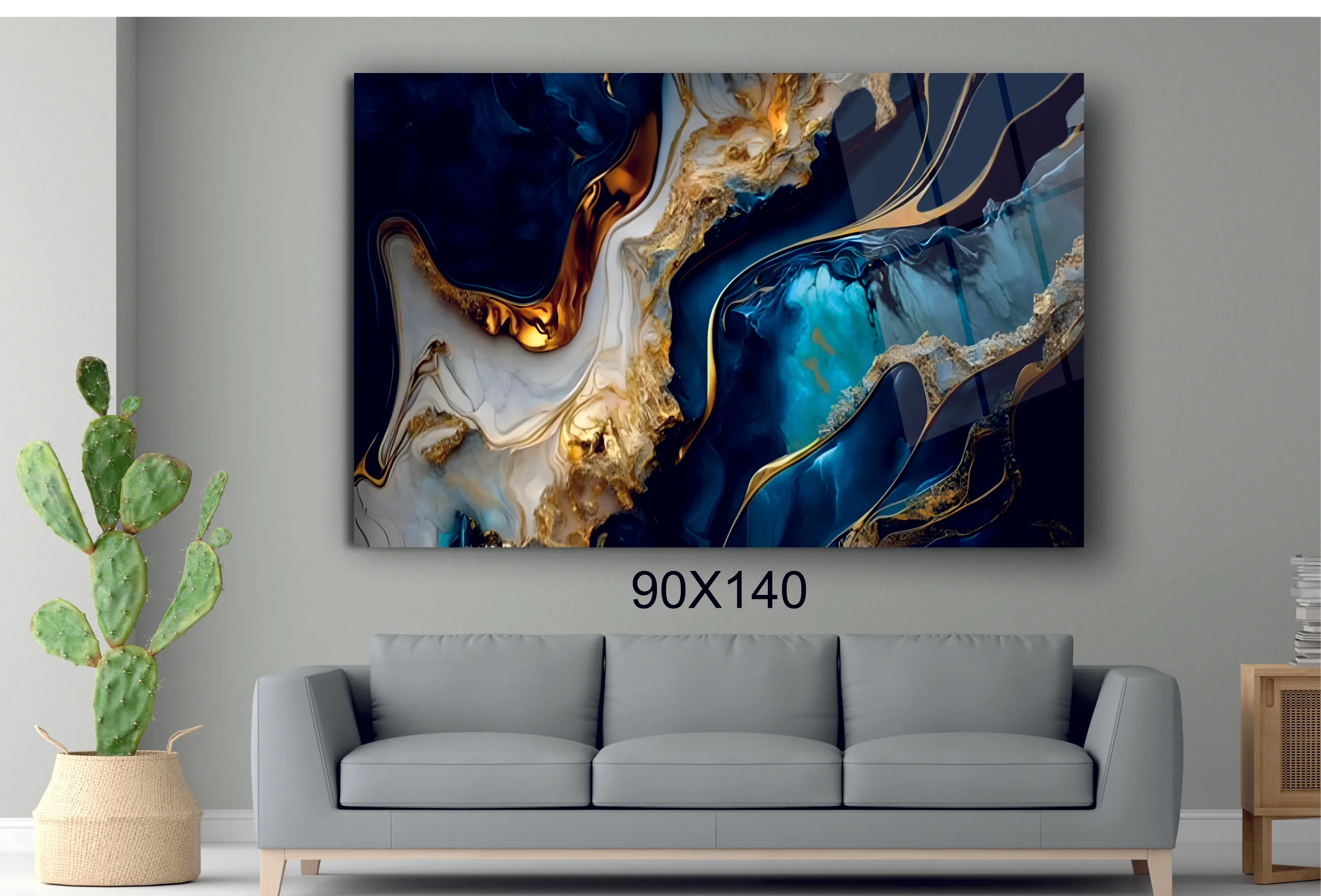 Premium Mavi ve Altın Vurgulu Cam Tablo #PCT2003