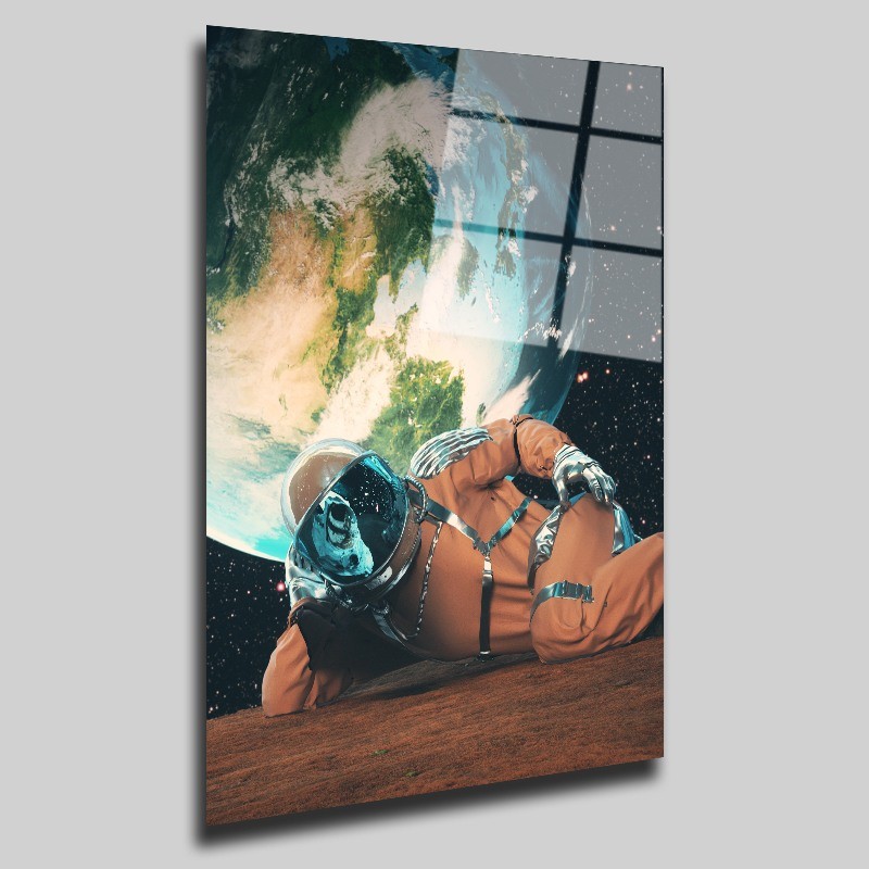 Sarı Tulumlu Astronot Uzay Ve Bilim Cam Tablo #PCT0247