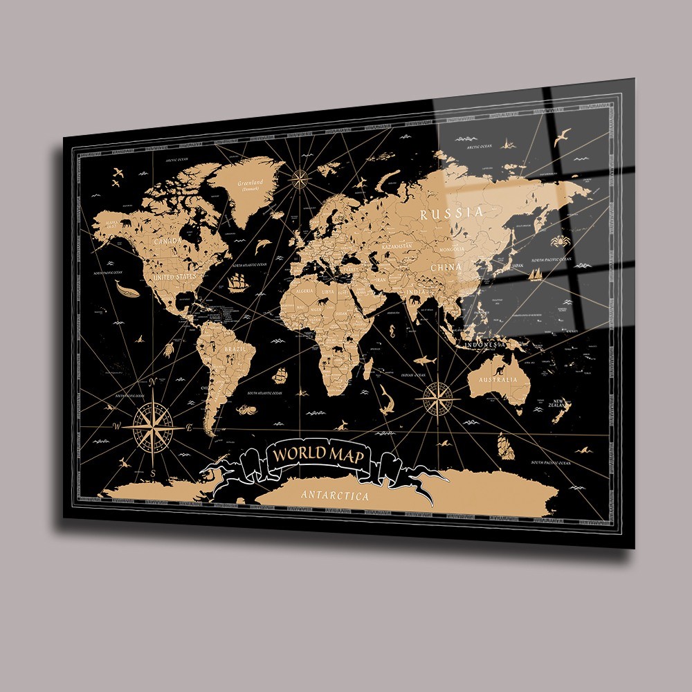 Sarı Siyah Dünya Haritası Harita Cam Tablo #PCT0627