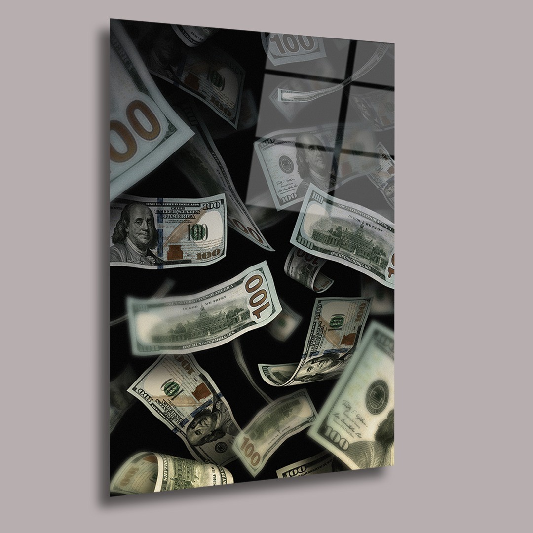 Siyah Zemin Üzerinde Uçuşan Dolarlar Dolar Cam Tablo #PCT0796
