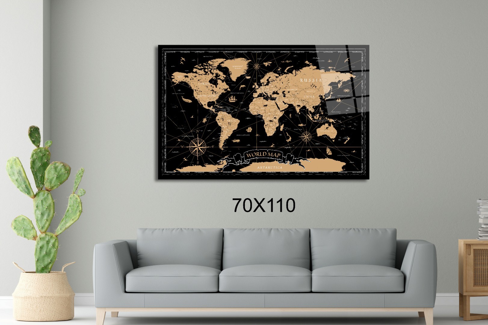 Sarı Siyah Dünya Haritası Harita Cam Tablo #PCT0627