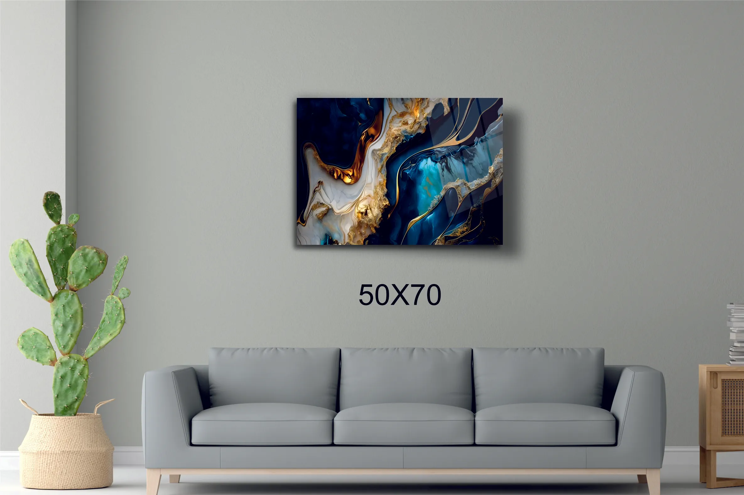 Premium Mavi ve Altın Vurgulu Cam Tablo #PCT2003