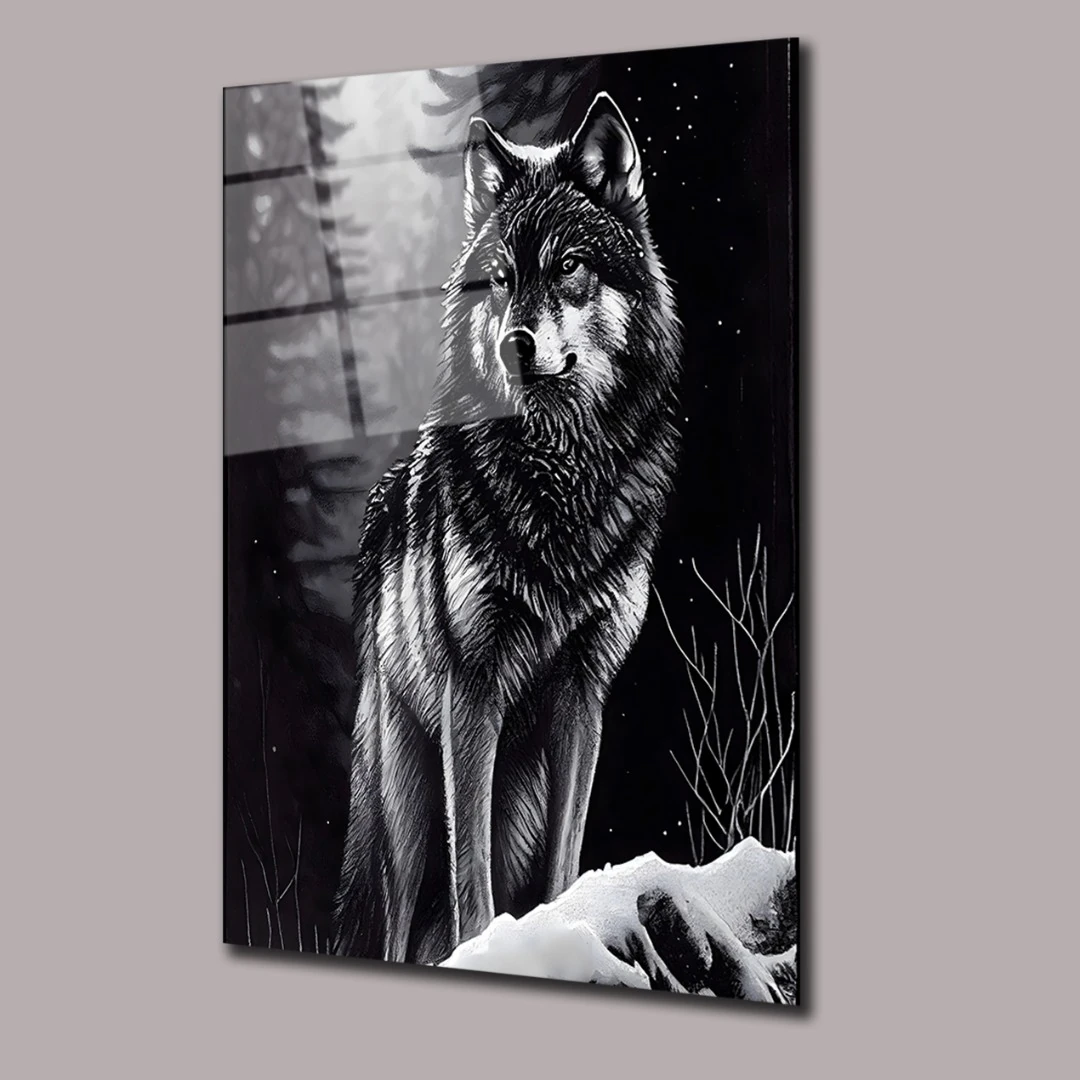 Siyah Beyaz Kurt Hayvanlar Alemi Cam Tablo #PCT0692