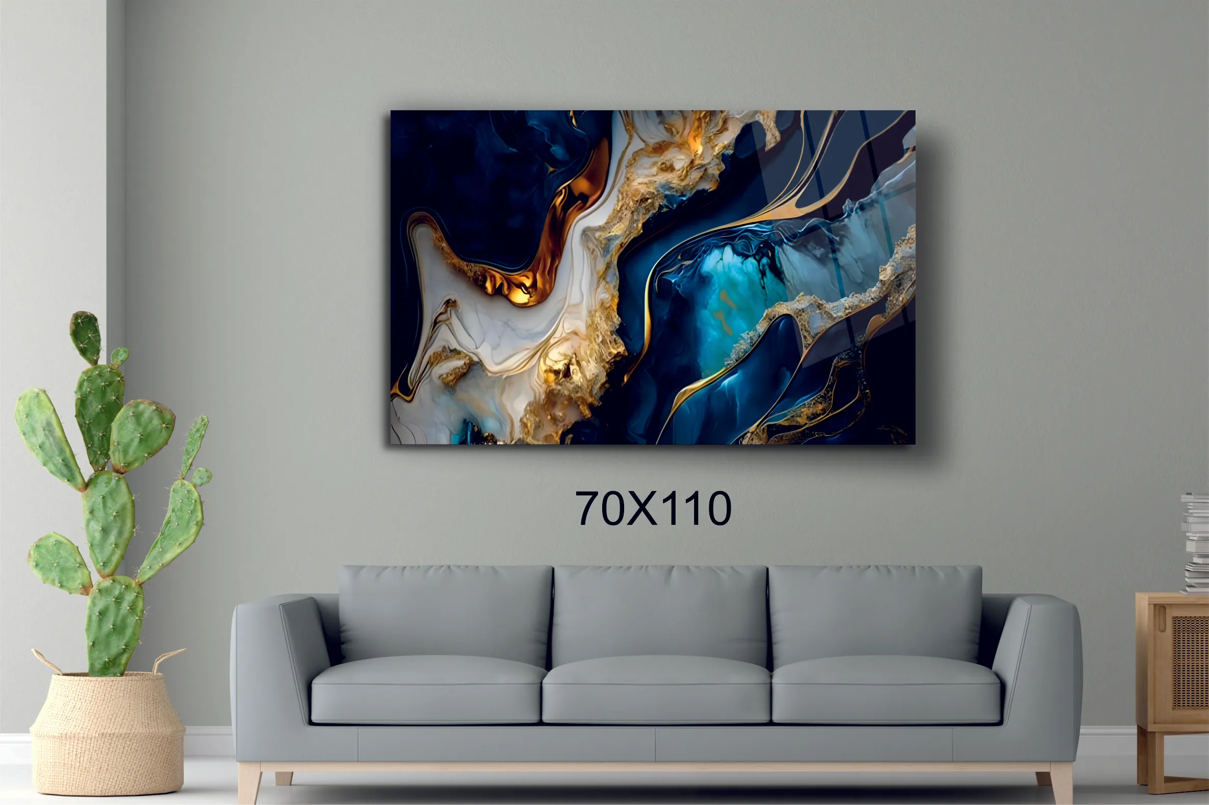 Premium Mavi ve Altın Vurgulu Cam Tablo #PCT2003