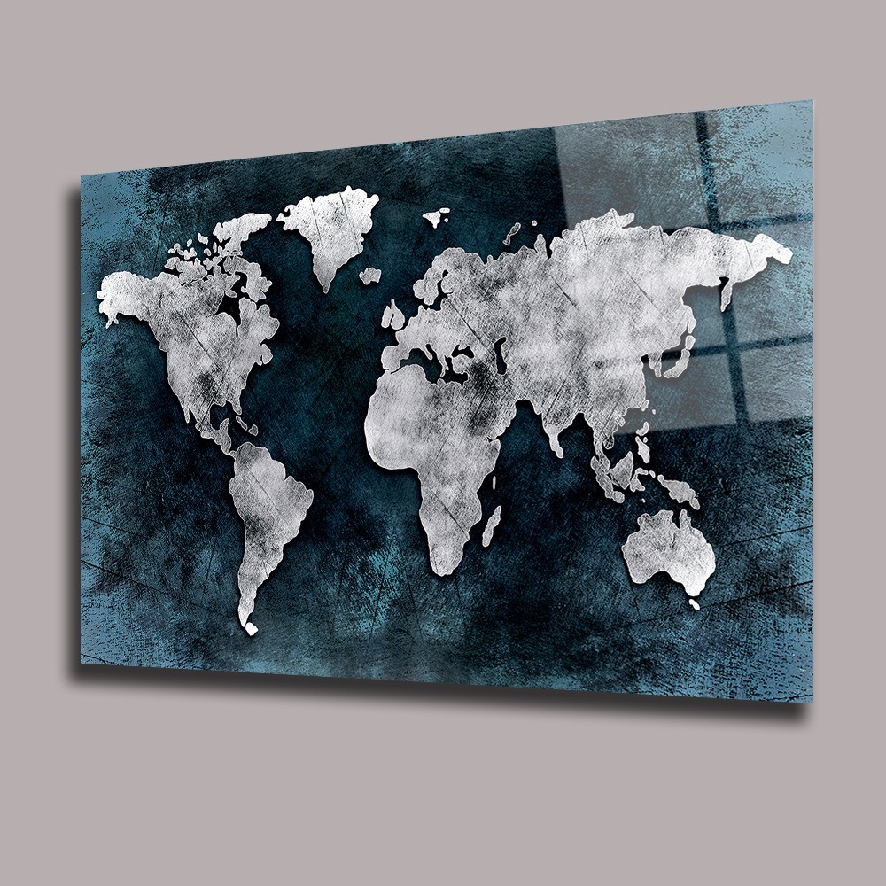 Mavi Beyaz Dünya Haritası Harita Cam Tablo #PCT0620