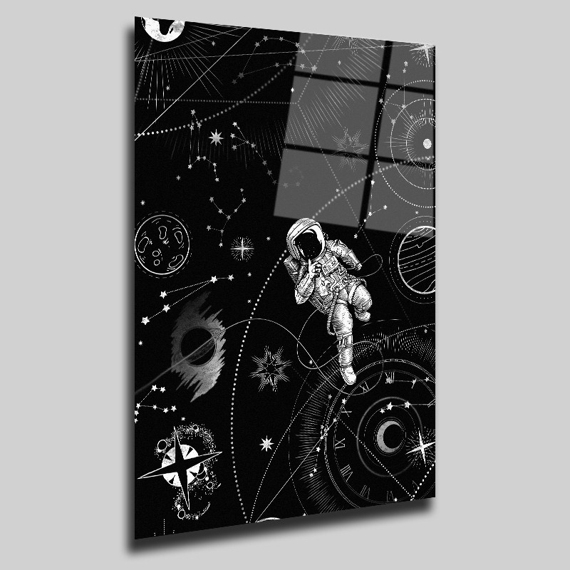 Siyah-Beyaz Astronot Uzay Ve Bilim Cam Tablo #PCT0317