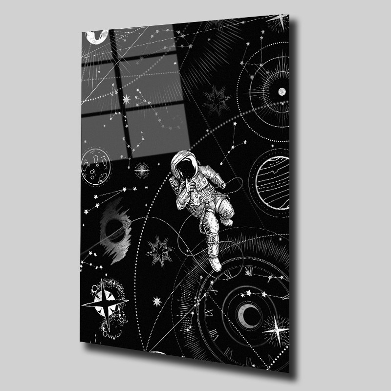 Siyah-Beyaz Astronot Uzay Ve Bilim Cam Tablo #PCT0317