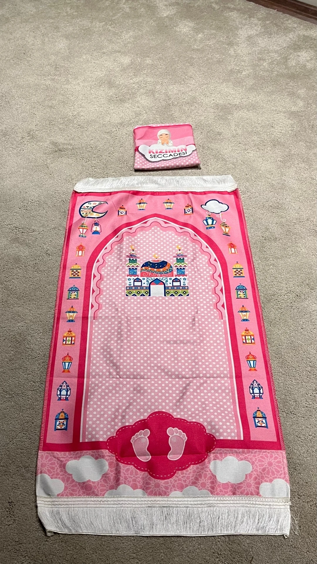 Paksu Collection Kaymaz Taban Çantalı Çocuk Seccadesi - Kız Çocuk Seccadesi - Pembe