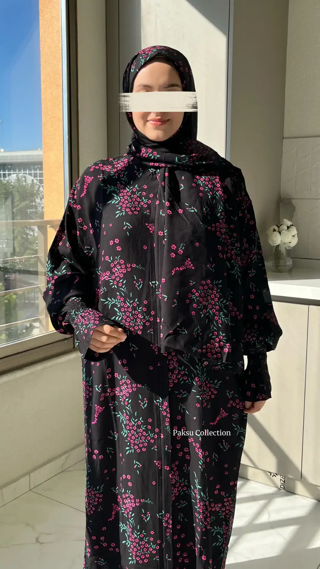 Desen Şallı Namaz Elbisesi - Pembe Gül Desenli