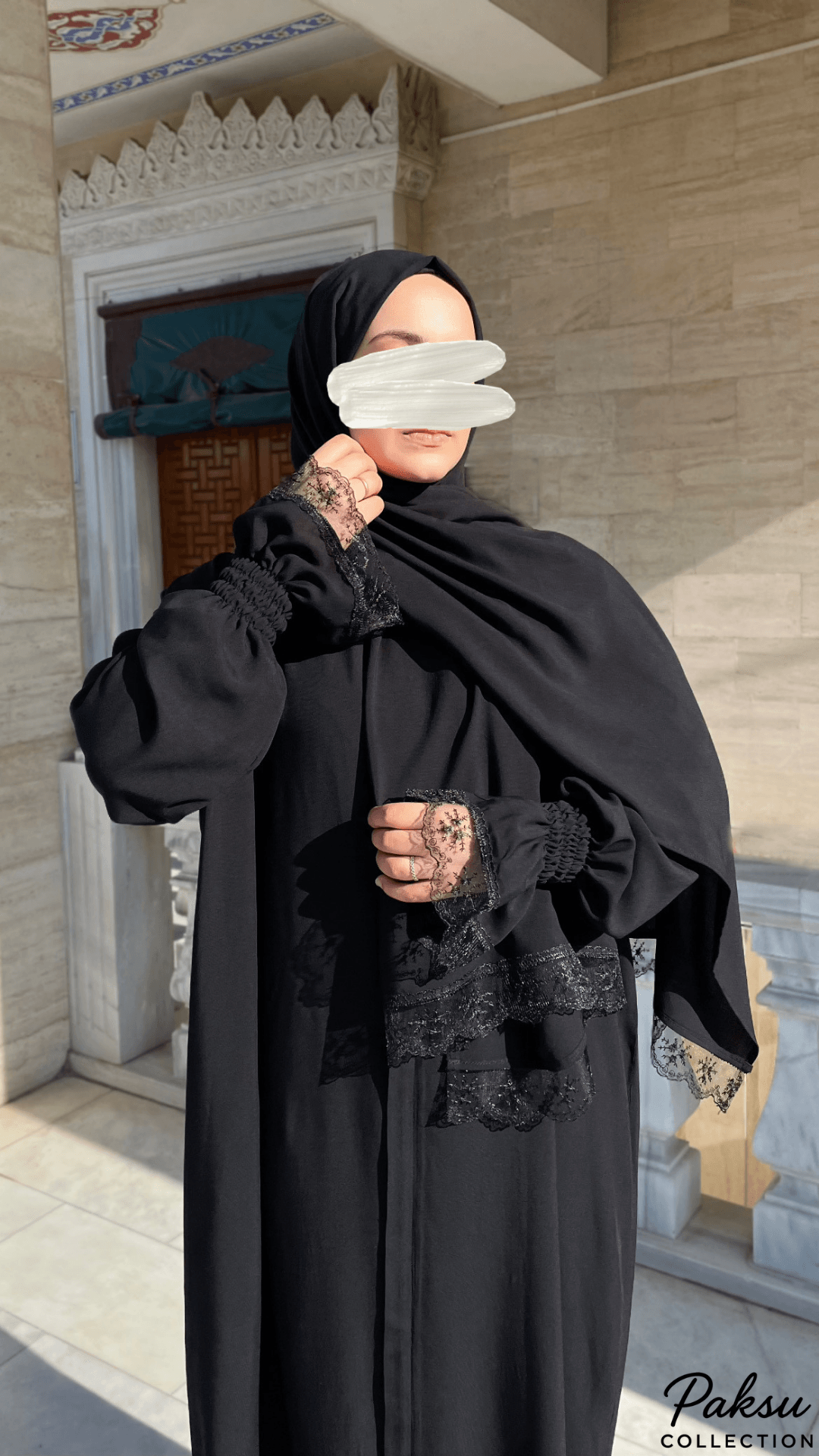 Desen Şallı Namaz Elbisesi - Düz Siyah Renk