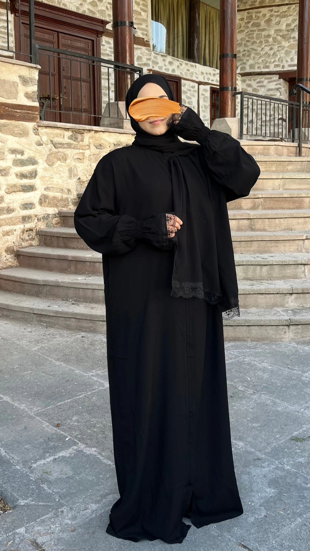 Desen Şallı Namaz Elbisesi - Düz Siyah Renk