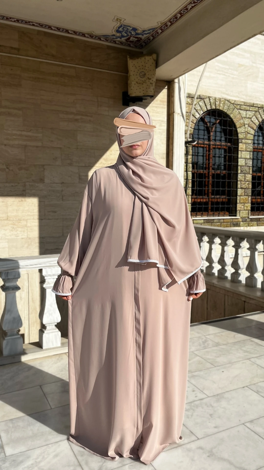 Medine İpeği Şallı Namaz Elbisesi Ferace - Bej