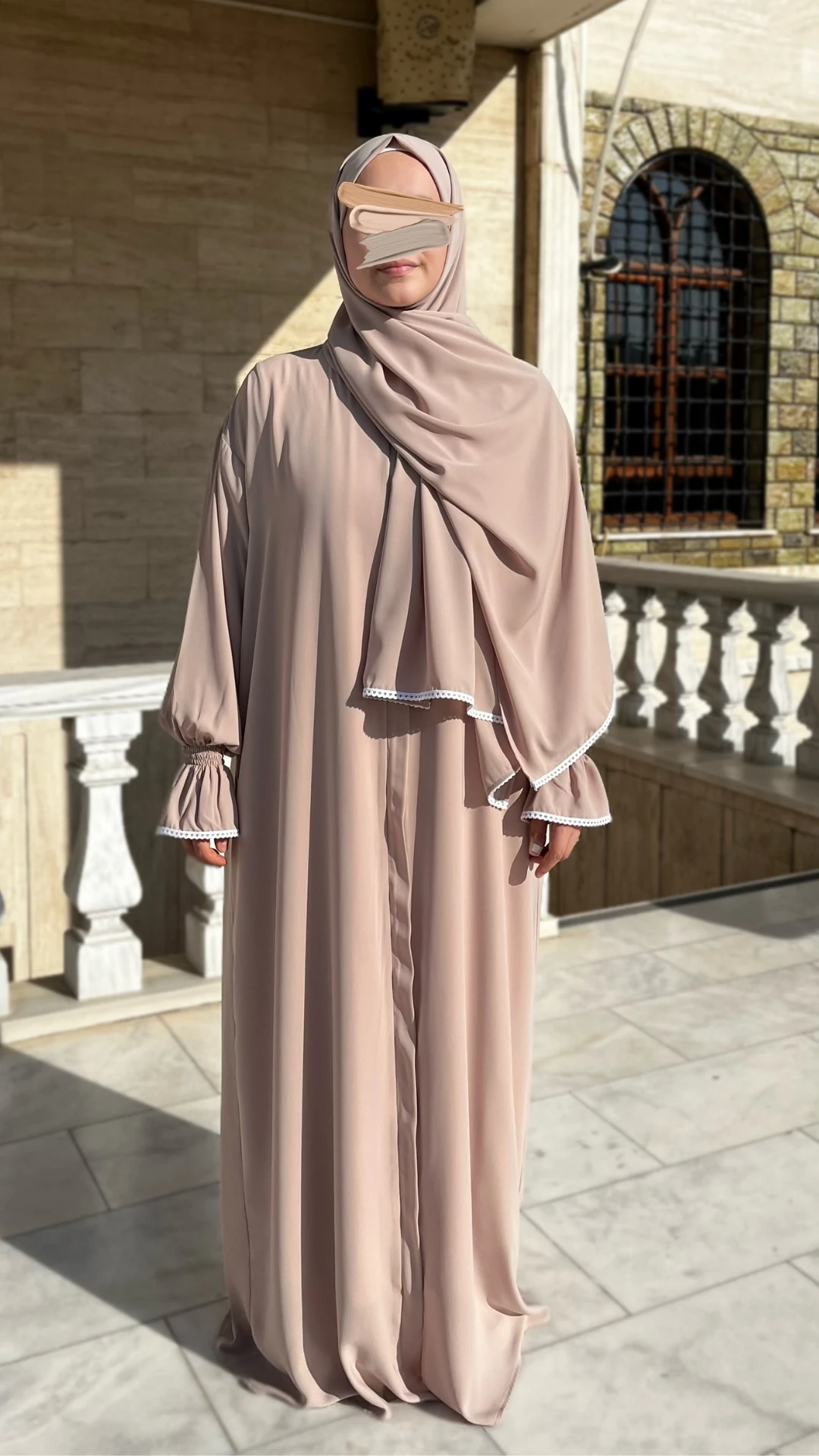 Medine İpeği Şallı Namaz Elbisesi Ferace - Bej