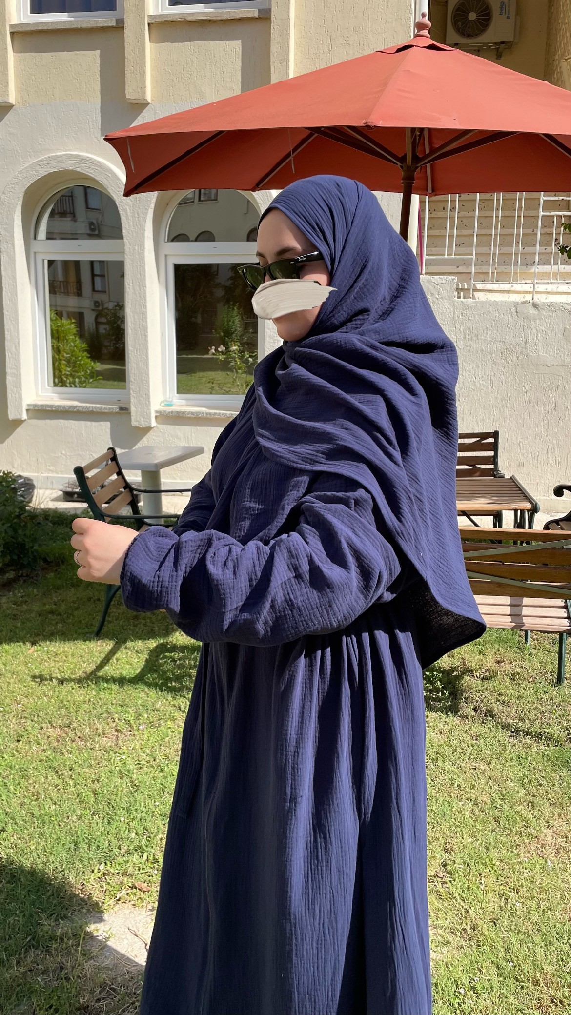 Umre Müslin Ferace Şal Takım Lacivert
