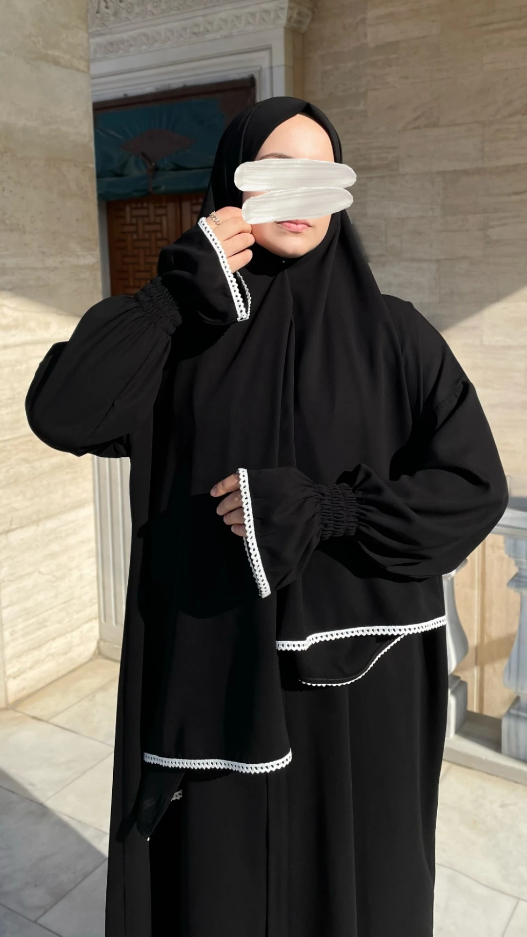 Medine İpeği Şallı Namaz Elbisesi Ferace - Siyah