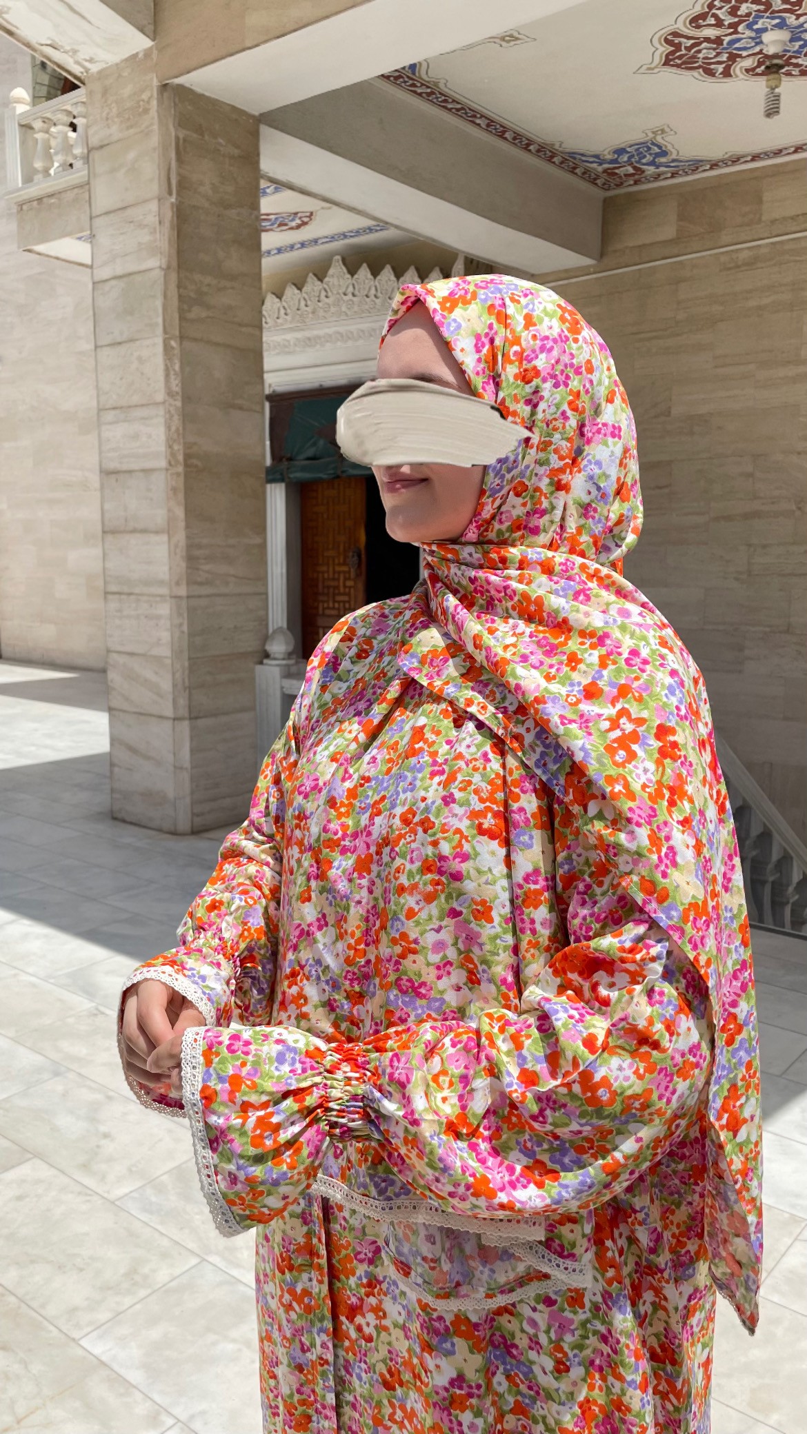 Fermuarlı Pamuklu Namaz Elbisesi Gün Işığı ( Color Flower Koleksiyon)