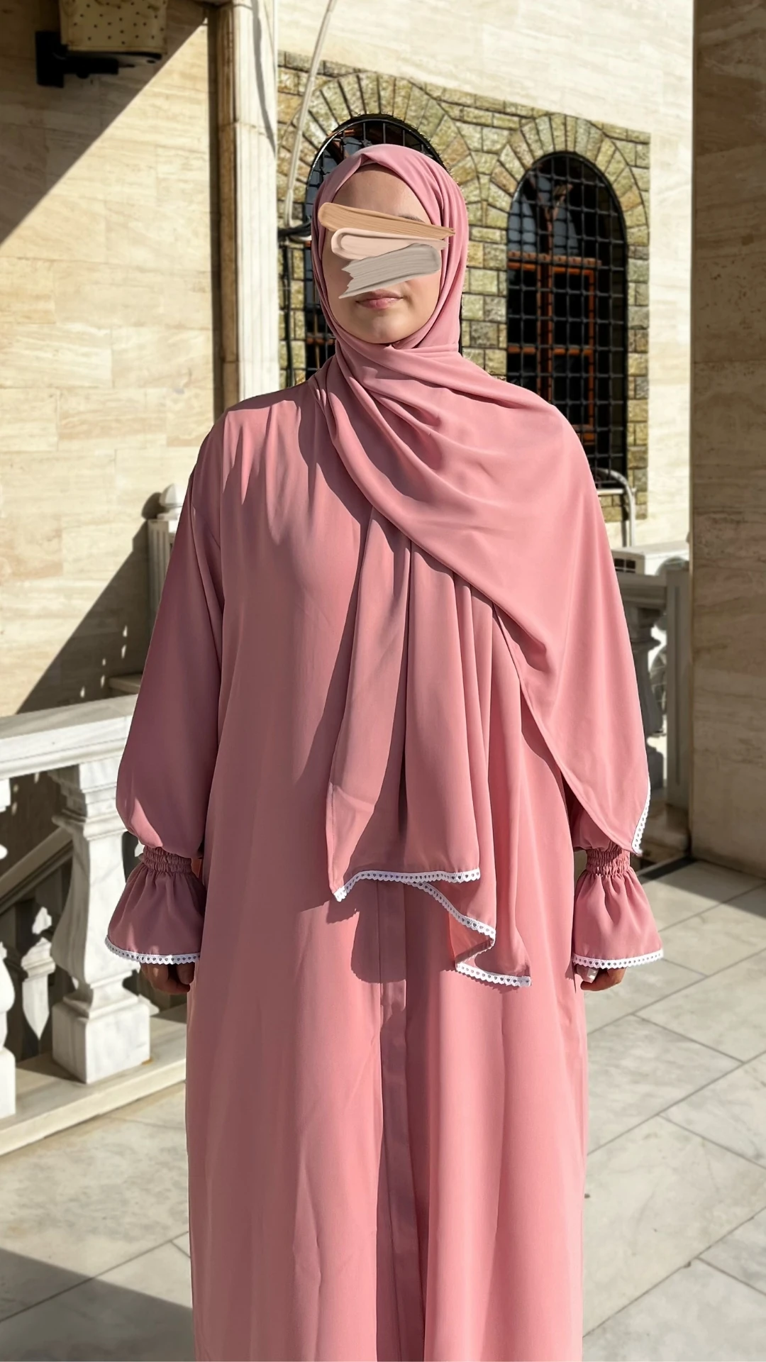 Medine İpeği Şallı Namaz Elbisesi Ferace - Pudra Pembe